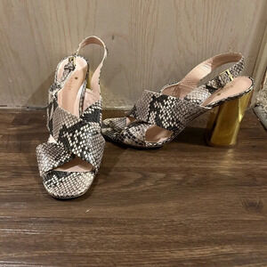 KATE SPADE Leather SnakeSkin Print Crisscross Straps High Gold block Heel buckle